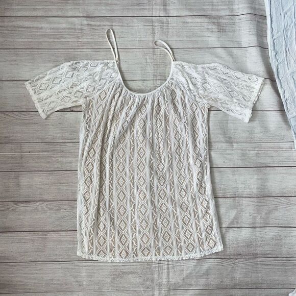 Express women M cold shoulder spaghetti strap white lace dress w/tan lining - Picture 12 of 12